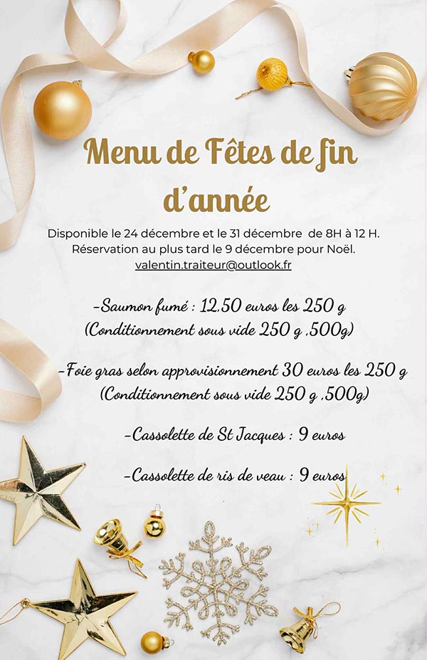 Menu traiteur Calais fêtes de fin d'année 2025